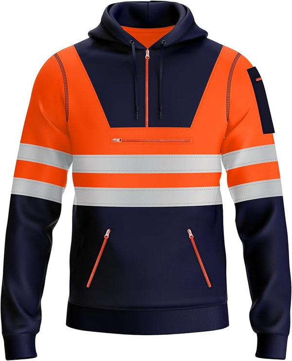Mens New Hi Vis Safety Work Yellow Orange Pullover Hoodie High Viz Reflective Tape Hoodie High Visibility Sweatshirt Multi Zipped - MILOSC
