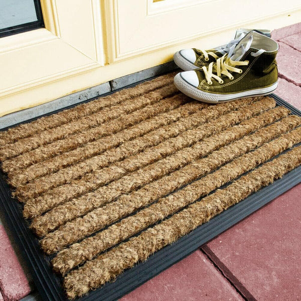 Heavy Duty Mat Natural Coir Thick Stripe Mat Brown Shoe Scrapper Long Lasting Easy Clean Front Back Door Mat Size 40x60 cm - MILOSC