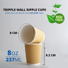 8oz - Disposable Coffee Cups Premium Quality Kraft Triple Wall Insulated Ripple Paper Cups(237ml) - MILOSC