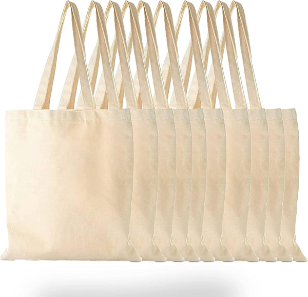 Pack of 10 Premium Quality 100% Cotton Made Reusable Carrier Bags Grocery Bags With Long Handles / Short Handles Printing Bag Washable Shopping Bags - MILOSC